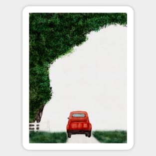 Vintage Red Truck on Country Road with White Picket Fence and Lush Tree Watercolor Sticker